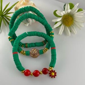 SET of 3 Green Polymer Clay Red Lucite Acrylic Beaded Bracelet Stacking Bracelet